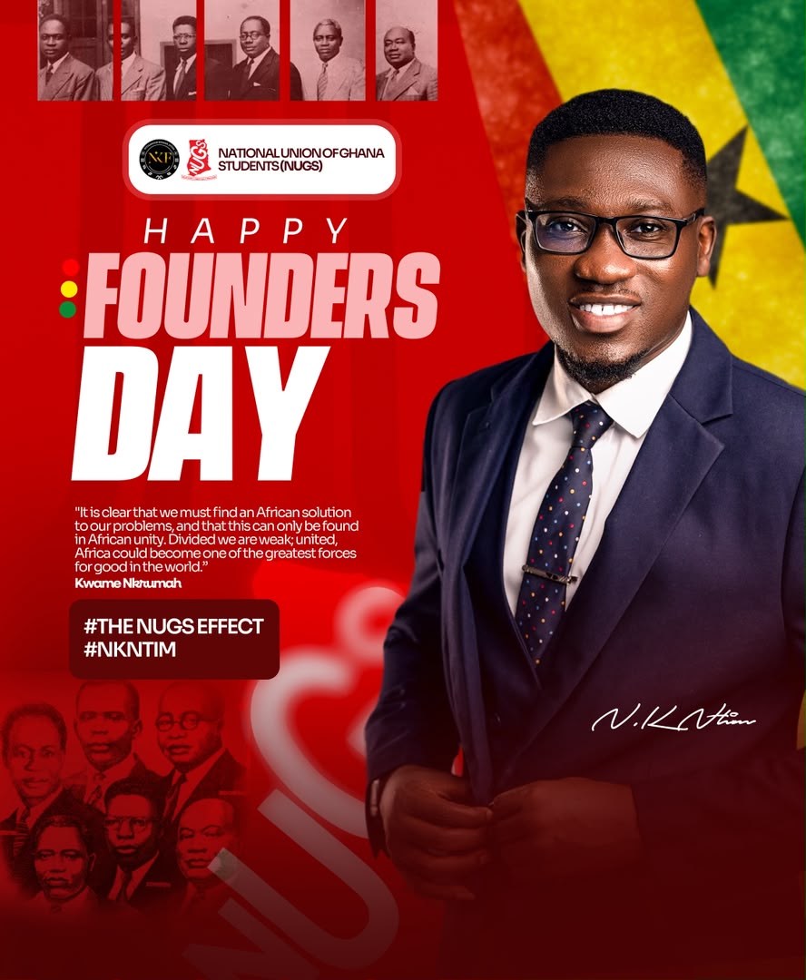 Kwame Ntiamoah Ntim in a suit beside a Founders Day NUGS tribute graphic