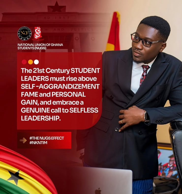 Kwame Ntiamoah Ntim seated in a suit in a NUGS leadership campaign portrait