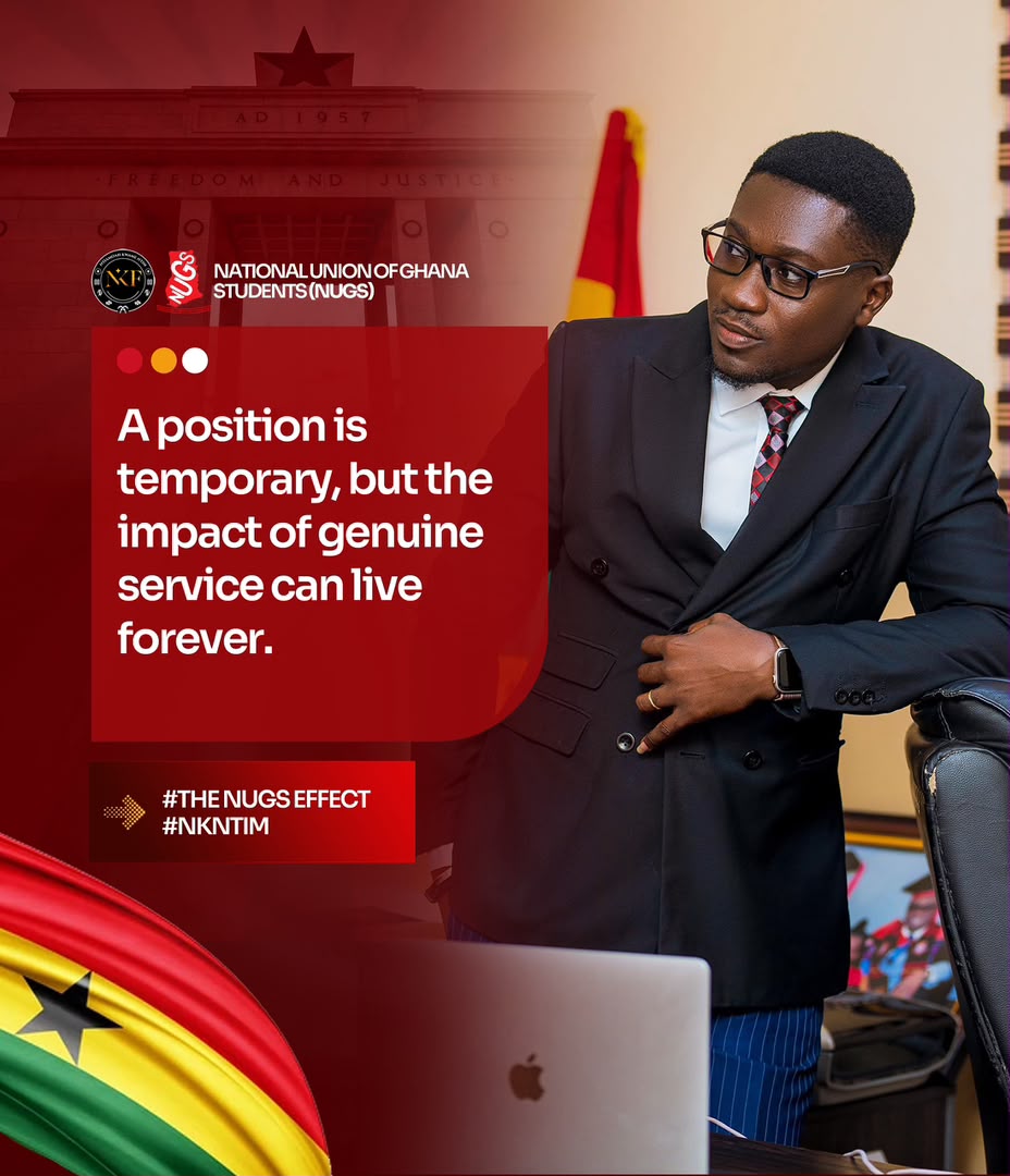 Kwame Ntiamoah Ntim seated in a suit beside the Ghana flag and NUGS identity